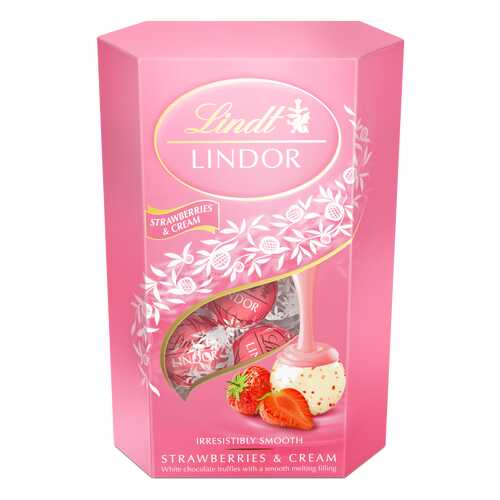 Конфеты Lindt lindor из белого шоколада с клубникой и сливками 200 г в Магнит