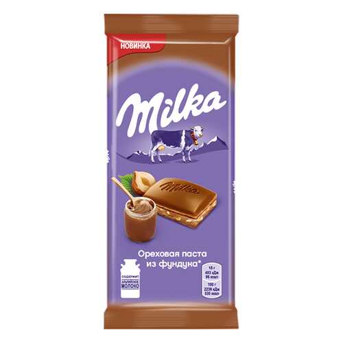 Шоколад Milka молочный с добавлением ореховой пасты из фундука и с дробленым фундуком 90 г в Магнит